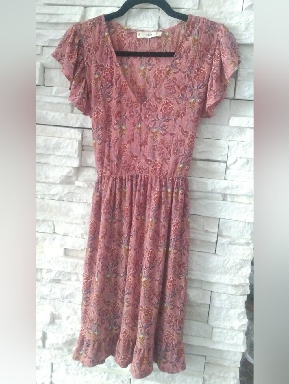 Mango Dusty Rose Floral V-Neck Midi Dress